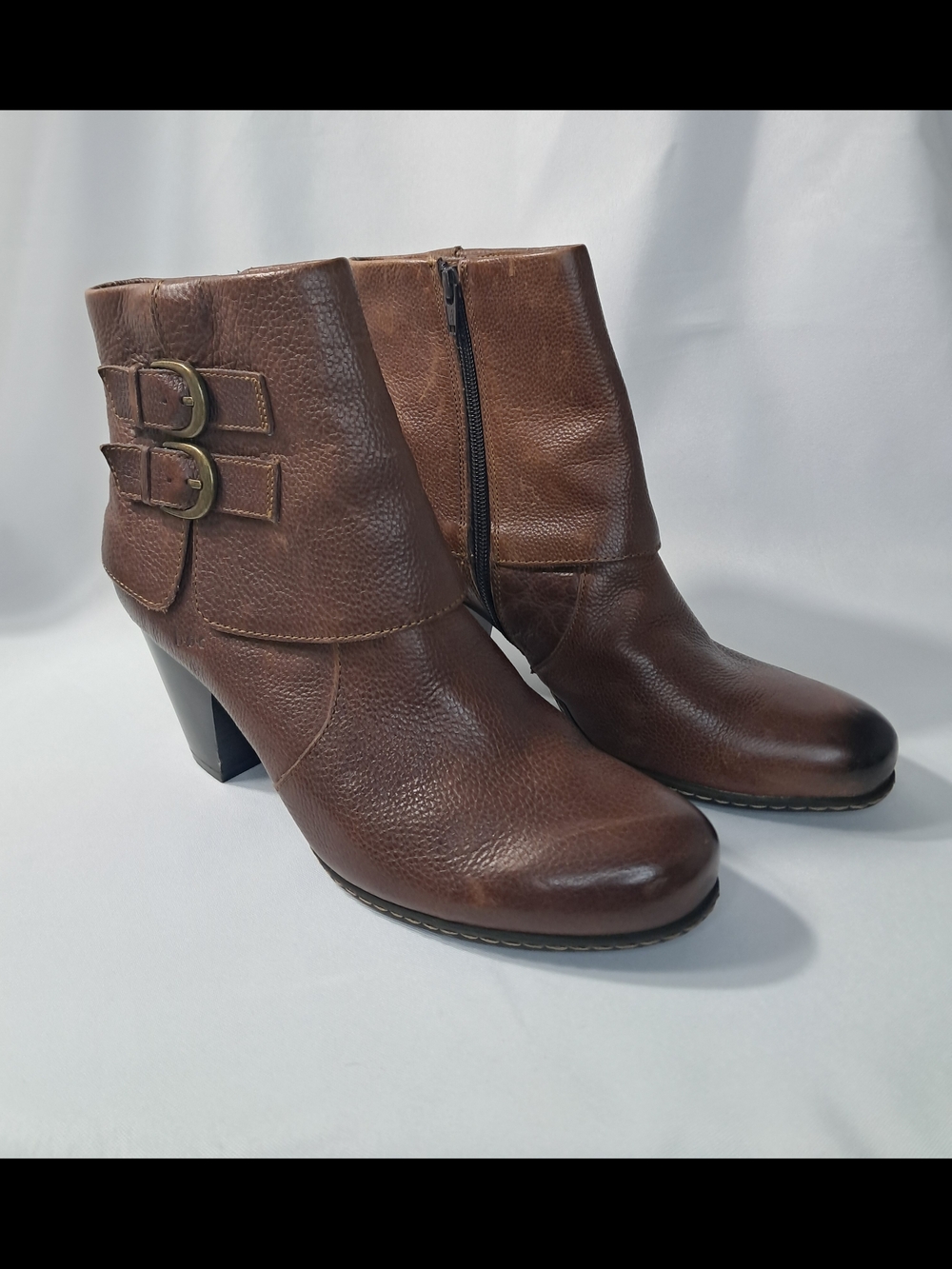 B.O.C. Genuine Brown Leather Zip Up Ankle Boots with Buckle Detail Heel Booties